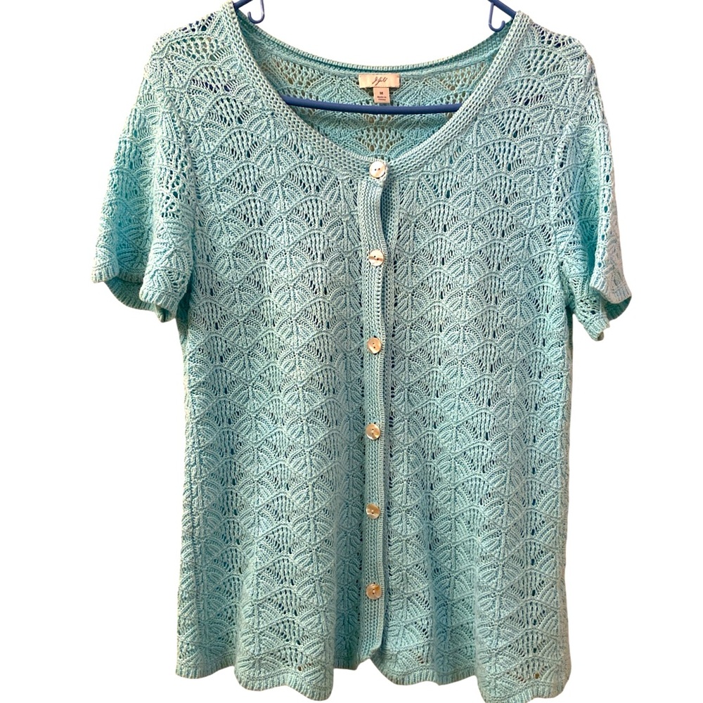 J Jill Cardigan Sweater Light Blue Crocheted Scalloped Edges WM M Linen Cotton